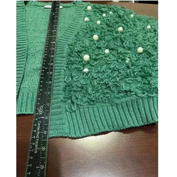 Mighty Fine Womens XL Loop Knit Green Pearl Cropped Cardigan Sweater Preppy‎ - Picture 8 of 10